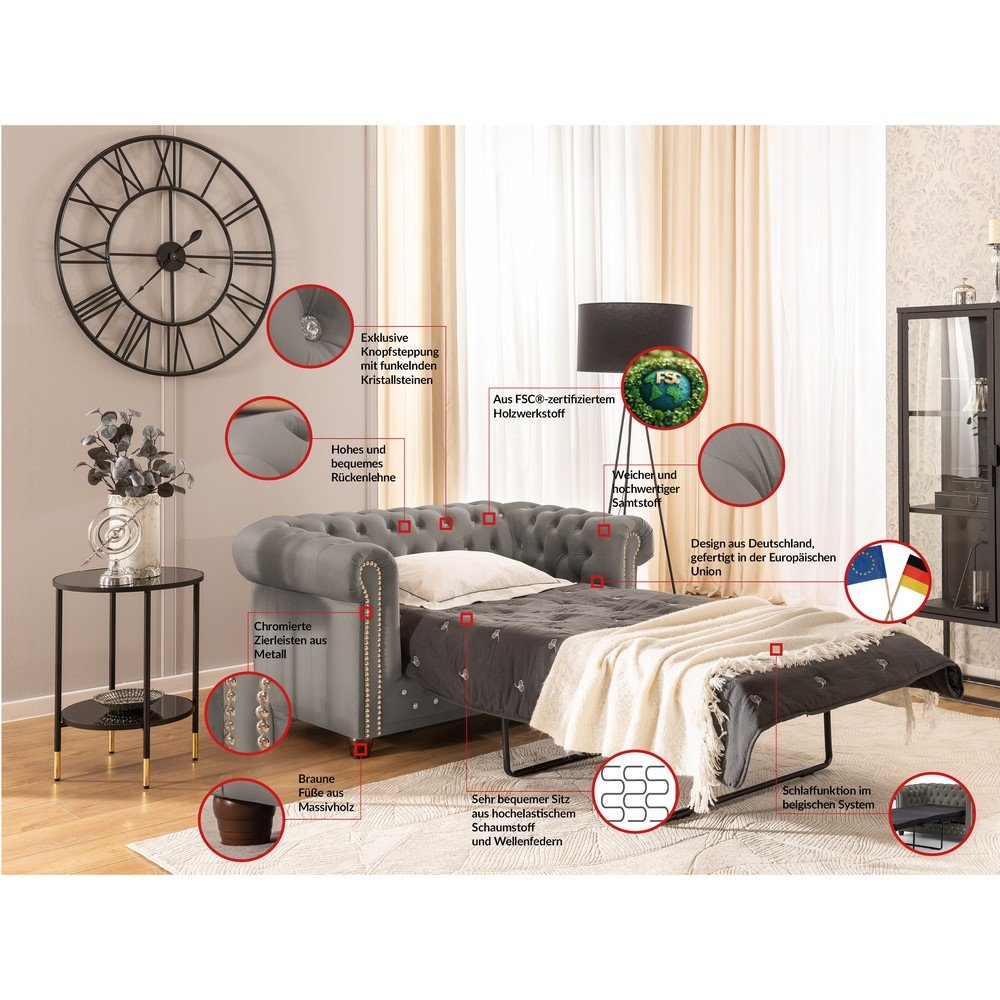 Szara aksamitna rozkładana sofa 148 cm York Blik – Ropez (zdjęcie 7)