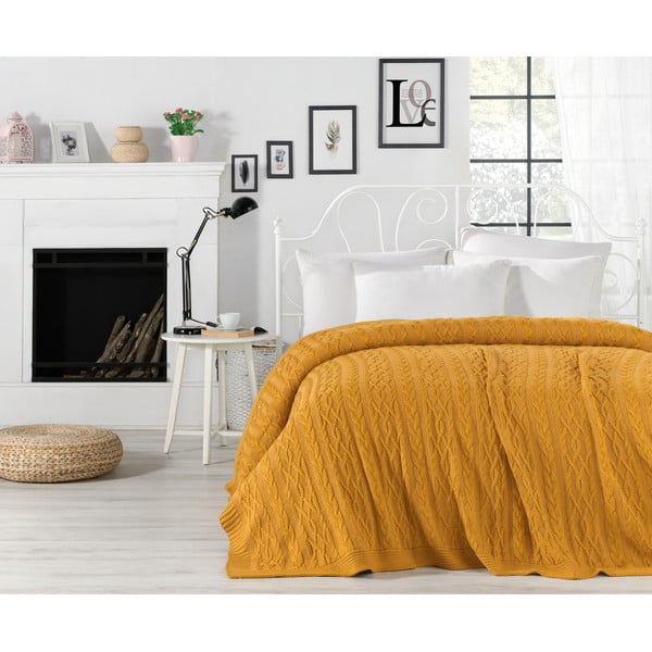 Musztardowożółta narzuta na łóżko z domieszką bawełny Homemania Decor Knit, 220x240 cm