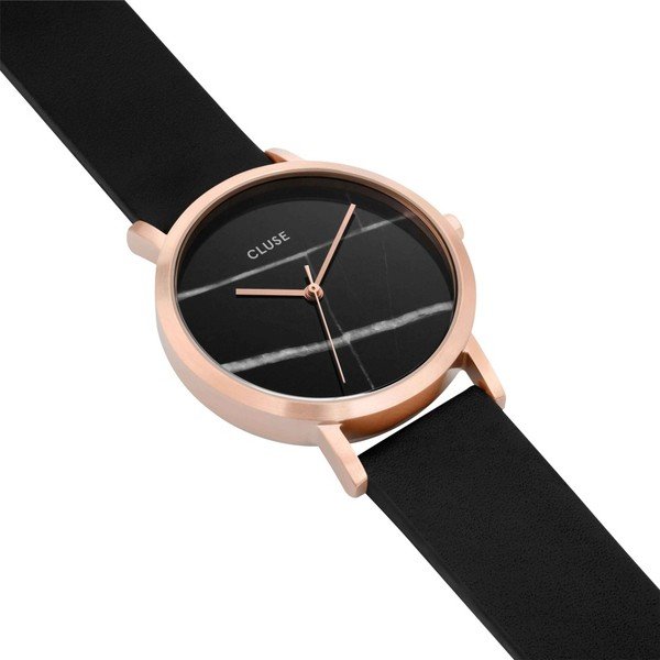 Damski czarny zegarek ze skórzanym paskiem i marmurowym cyferblatem Cluse La Roche Petite Rose-image-3
