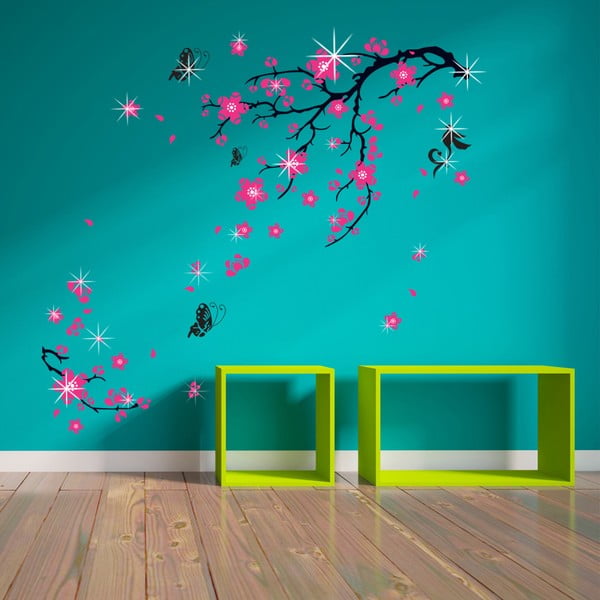 Zestaw 38 naklejek na ścianę WALPLUS Pink Blossom Flowers with Swarovski Crystals
