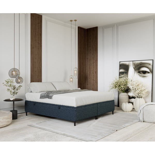 Ciemnoniebieskie tapicerowane łóżko dwuosobowe ze schowkiem 160x200 cm Tate – Maison de Rêve-image-1