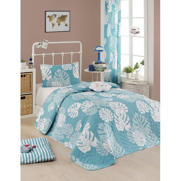 Zestaw narzuty na łóżko i poszewki na poduszkę z domieszką bawełny Eponj Home Monstera Blue, 160x220 cm