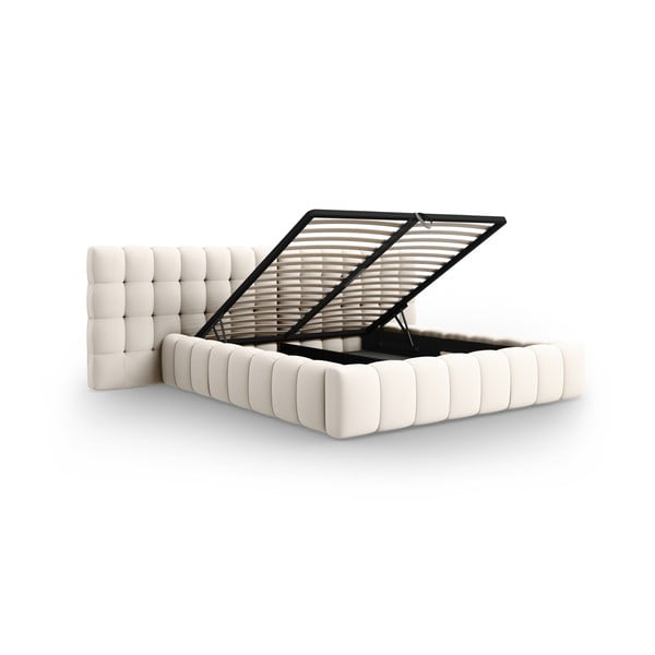 Kremowe tapicerowane łóżko dwuosobowe ze schowkiem i stelażem 180x200 cm Mamaia – Micadoni Home-image-3