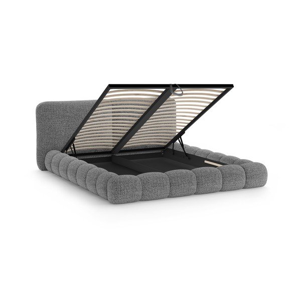 Ciemnoszare tapicerowane łóżko dwuosobowe ze schowkiem i stelażem 200x200 cm Solange – Micadoni -image-3