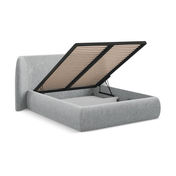 Jasnoszare tapicerowane łóżko dwuosobowe ze schowkiem i stelażem 160x200 cm Hauke – Makamii-image-2