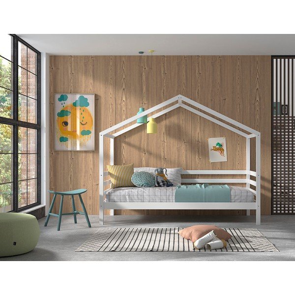 Białe łóżko dziecięce z litego drewna sosnowego w kształcie domku ze stelażem 90x200 cm Dallas – Vipack-image-1