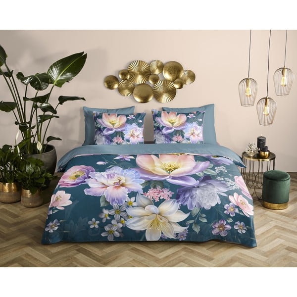 Niebieska pościel jednoosobowa z satyny bawełnianej 140x220 cm Mirery – Descanso-image-1