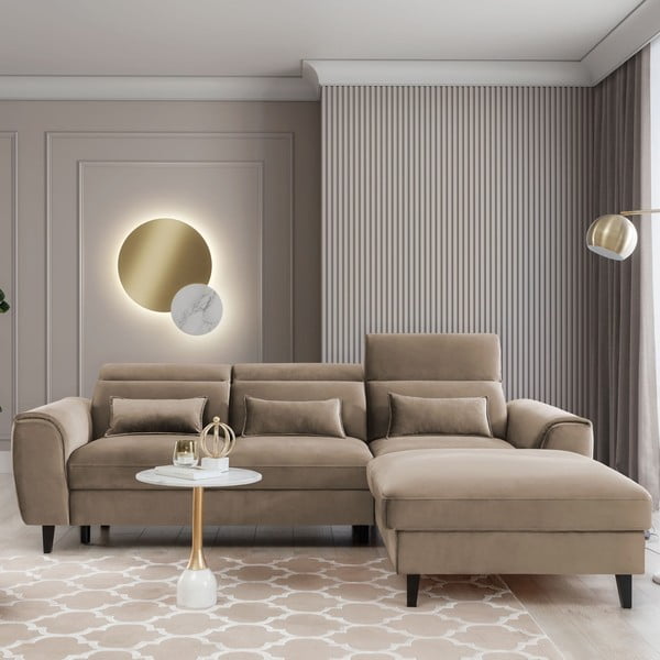 Jasnobrązowy aksamitny rozkładany/ze schowkiem narożnik (prawostronny/z szezlongiem) Foble – ELTAP-image-1