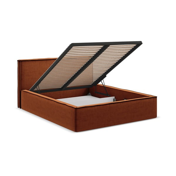 Tapicerowane łóżko dwuosobowe w kolorze terakoty ze schowkiem i stelażem 160x200 cm Anani – Makamii-image-2