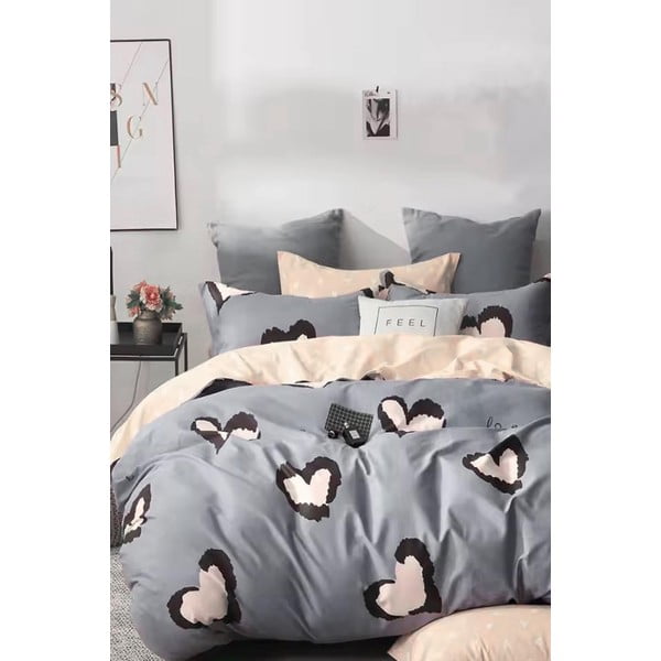 Szaro-beżowa pościel dwuosobowa z bawełny renforcé z prześcieradłem 200x220 cm Double Heart – Mila Home