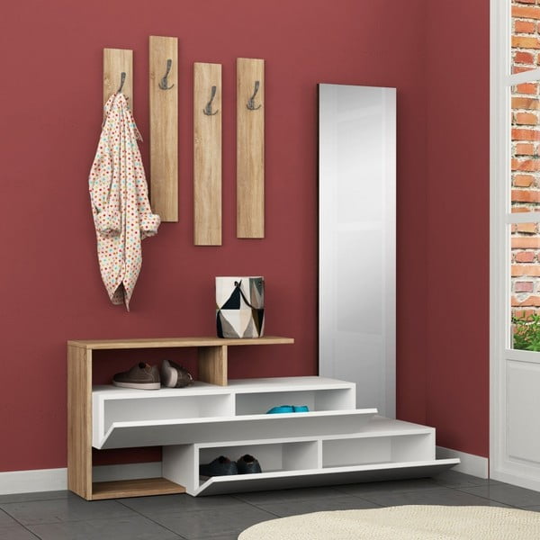 Zestaw szafki na buty z lustrem i wieszaka ściennego Ramda Oak-image-1