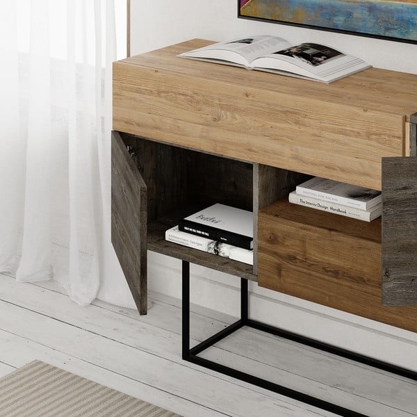 Brązowa niska komoda w dekorze dębu 145x82 cm Titan – Marckeric-image-4