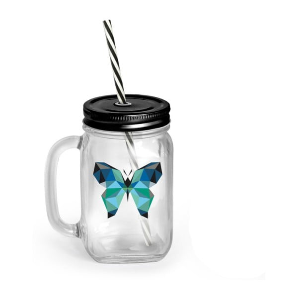 Szklanka/słoik z pokrywką i słomką Vialli Design Mia Natura Butterfly, 450 ml