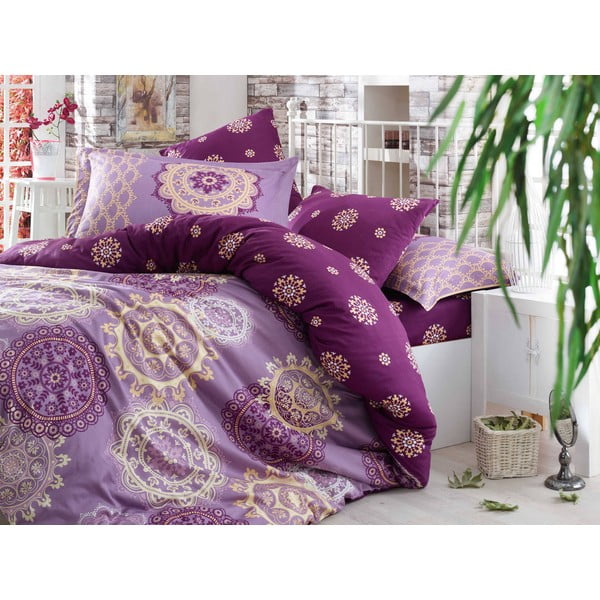 Pościel bawełniana z prześcieradłem i 2 poszewkami na poduszki Ottoman Purple, 200x220 cm