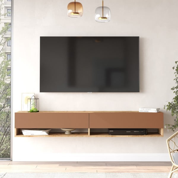 Ceglasto-naturalna szafka pod TV w dekorze sosny 180x29x32 cm – Kalune Design-image-2