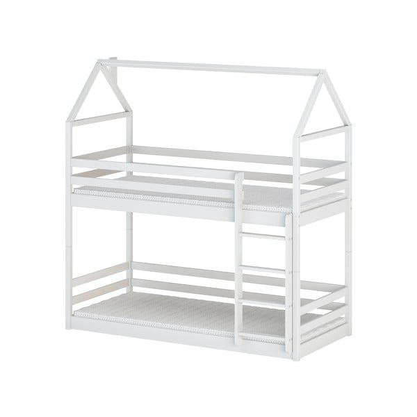 Białe piętrowe łóżko dziecięce z drewna sosnowego w kształcie domku 90x200 cm Axel – Lano Meble