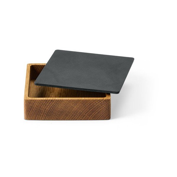 Antracytowo-naturalny drewniany/ze skóry ekologicznej pojemnik dekoracyjny z pokrywką 11x11x3,5 cm Square Nupo – LIND DNA-image-1