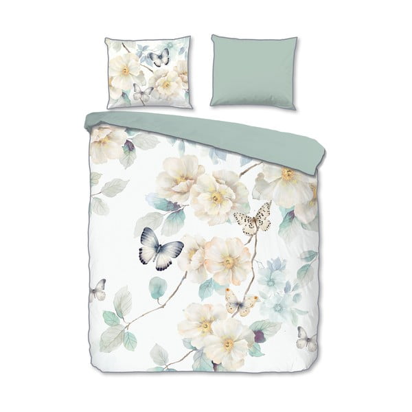 Biało-zielona pościel dwuosobowa z satyny bawełnianej 200x220 cm Adiwanya – Descanso