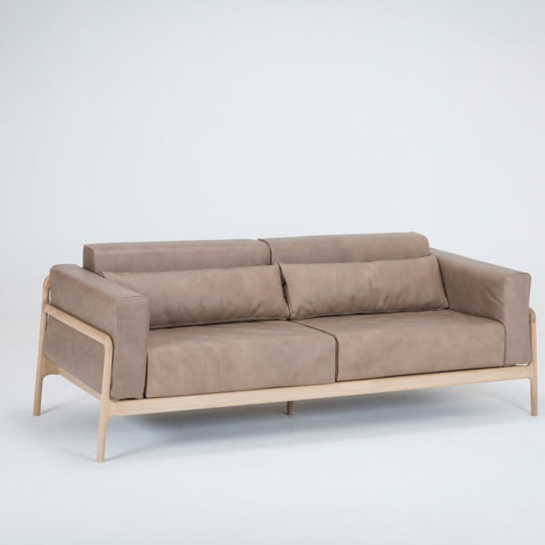 Jasnobrązowa sofa z bawolej skóry z konstrukcją z litego drewna dębowego Gazzda Fawn, 210 cm-image-1