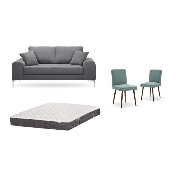 Zestaw 2-osobowej szarej sofy, 2 szarozielonych krzeseł i materaca 140x200 cm Home Essentials