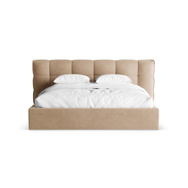 Szarobeżowe tapicerowane łóżko dwuosobowe ze schowkiem i stelażem 200x200 cm Eric – Micadoni -image-4