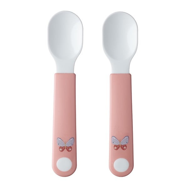 Biało-jasnoróżowe plastikowe łyżeczki dla dzieci zestaw 2 szt. Flowers & butterflies – Mepal
