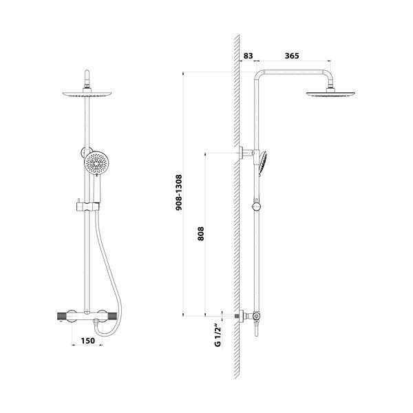 Zestaw prysznicowy z mosiądzu w kolorze matowej czerni z baterią z termostatem, deszczownicą i słuchawką prysznicową 131 cm Solaris – Sapho-image-1