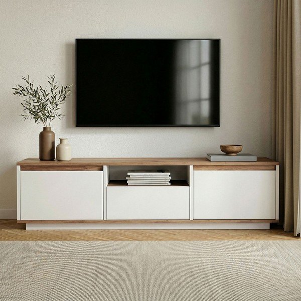 Biała/w naturalnym kolorze szafka pod TV w dekorze sosny 160x42x30 cm Sentinel – Kalune Design-image-2