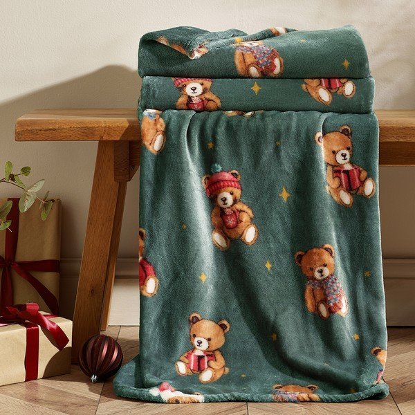 Ciemnozielony koc ze świątecznym motywem 170x130 cm Christmas Tartan Teddy Bear – Catherine Lansfield-image-1
