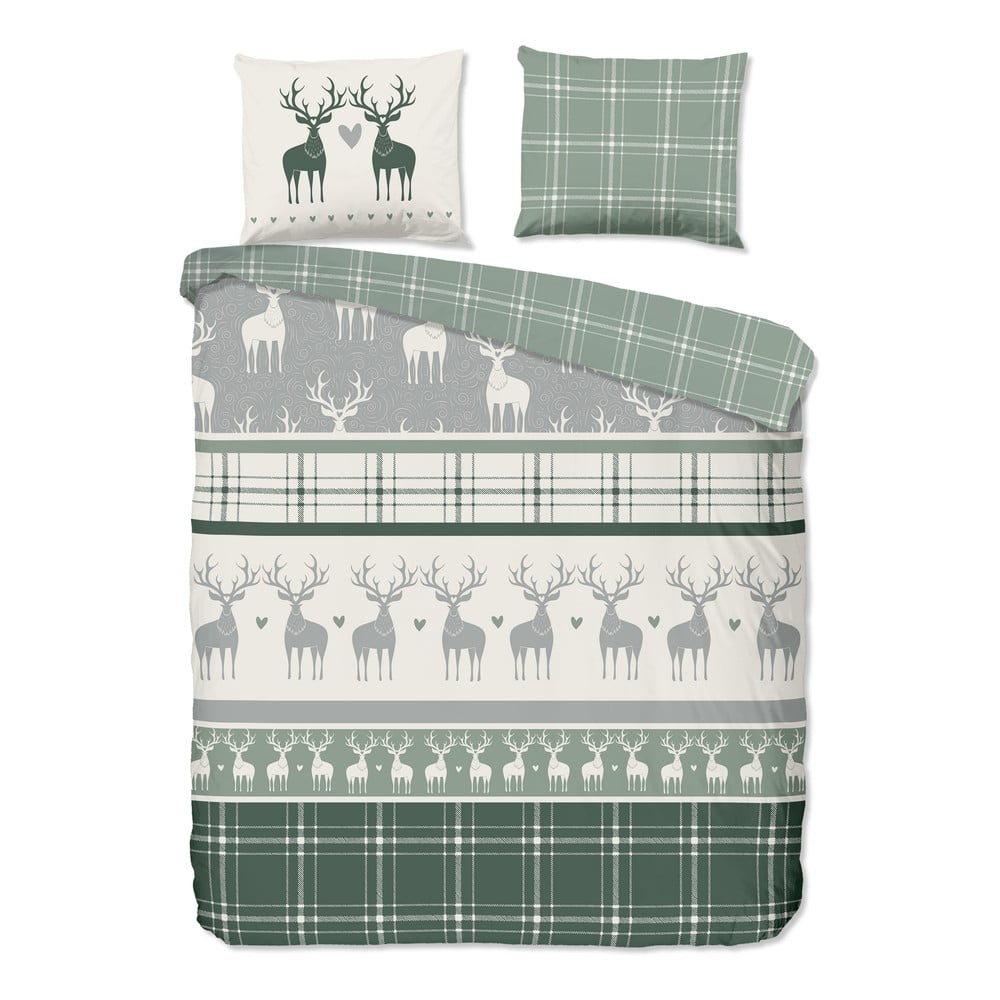 Zielono-kremowa flanelowa pościel dwuosobowa 200x220 cm Bjirk – Good Morning