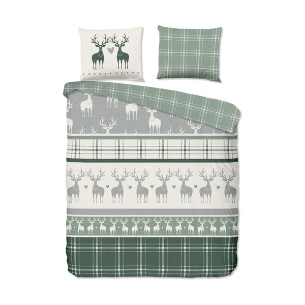 Zielono-kremowa flanelowa pościel dwuosobowa 200x220 cm Bjirk – Good Morning