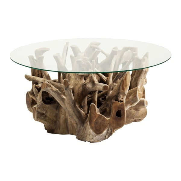 Szklany stolik z konstrukcją z drewna teakowego Kare Design Roots, Ø 100 cm