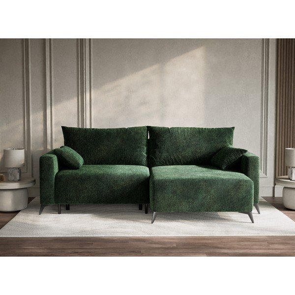 Ciemnozielony rozkładany/ze schowkiem narożnik z tkaniny szenilowej (prawostronny/z szezlongiem) Leon – Maison de Rêve-image-1