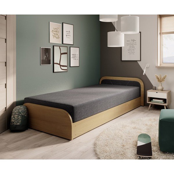 Tapicerowane/z płyty wiórowej łóżko jednoosobowe ze schowkiem z materacem 80x190 cm w kolorze ochry/ciemnoszare Parys – ELTAP-image-1