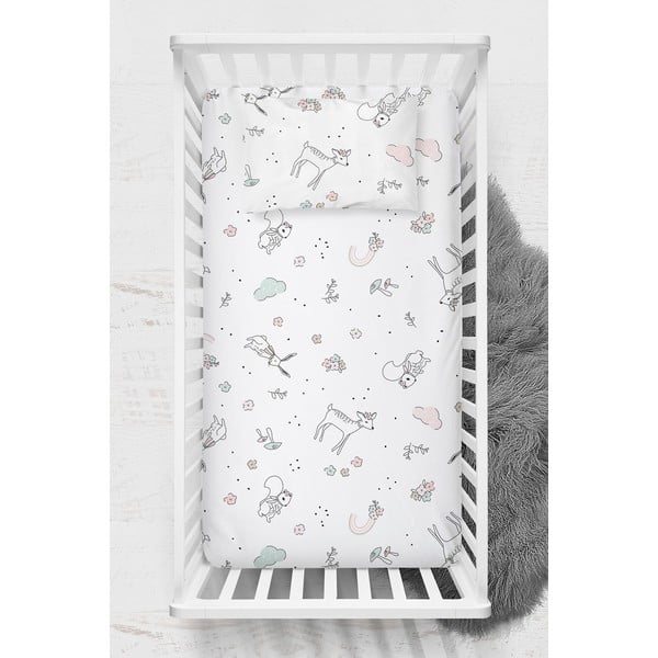 Białe prześcieradło dziecięce do łóżeczka z bawełny renforcé z gumką 70x120 cm Flowers – Mijolnir