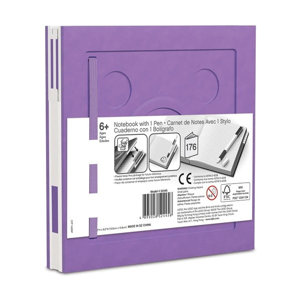 Fioletowy kwadratowy notatnik z długopisem żelowym LEGO®, 15,9x15,9 cm-image-2