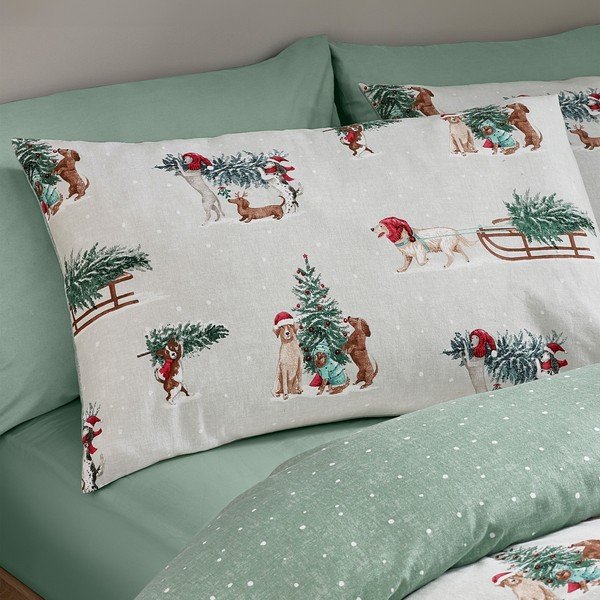 Zielona/w naturalnym kolorze flanelowa pościel dwuosobowa 200x200 cm Brushed Christmas Dogs – Catherine Lansfield-image-3