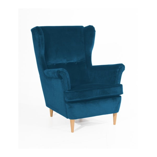 Niebieski fotel z jasnobrązowymi nogami Max Winzer Clint Suede