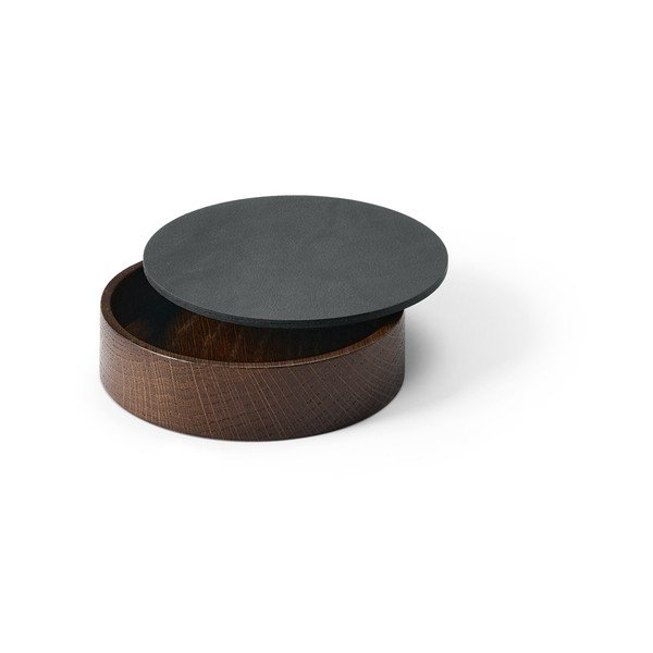 Antracytowo-brązowy drewniany/ze skóry ekologicznej pojemnik z pokrywką/dekoracyjny ø 11x3,5 cm Circle Nupo – LIND DNA-image-1