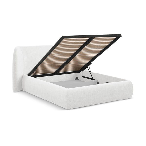 Białe tapicerowane łóżko dwuosobowe ze schowkiem i stelażem 140x200 cm Hauke – Makamii-image-2