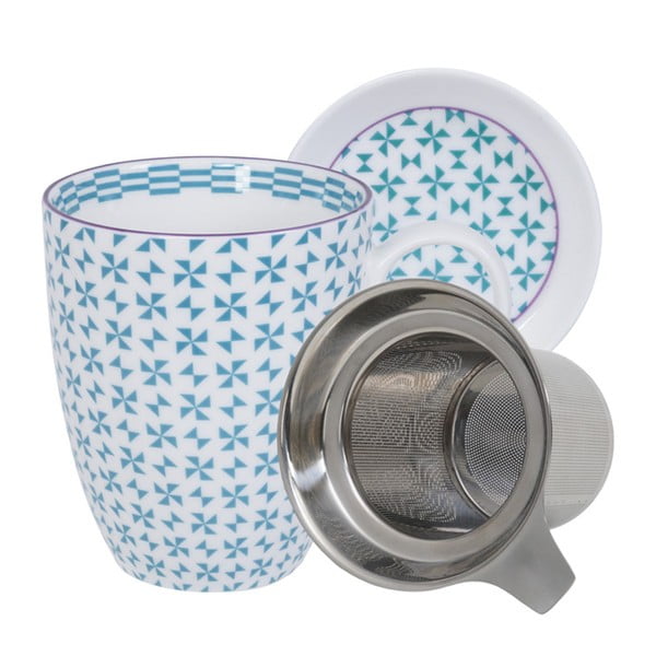 Niebiesko-biały kubek ze spodkiem i zaparzaczem do herbatyTokyo Design Studio Geo Eclectic, 380 ml