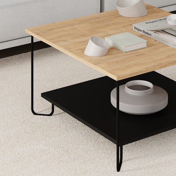 Czarny stolik z blatem w dekorze dębu 80x80 cm Tonka – Marckeric-image-1