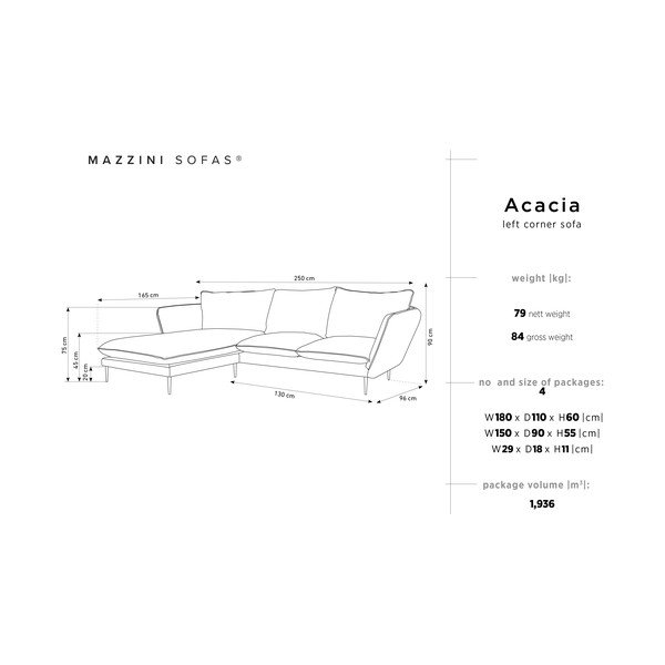 Jasnoszara aksamitna sofa narożna Mazzini Sofas Acacia, lewostronna-image-3