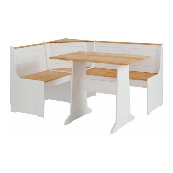Biały komplet ławki narożenj i stołu z litego drewna sosnowego Støraa Samantha