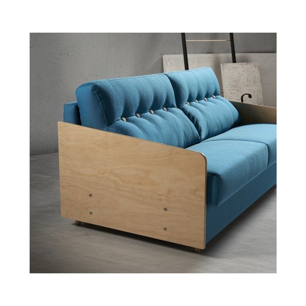 Niebieska sofa rozkładana z drewnianymi podłokietnikami Suinta Como, szer. 148 cm-image-1