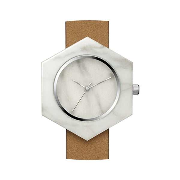 Biały sześciokątny marmurkowy zegarek z brązowym paskiem Analog Watch Co.