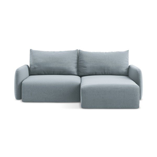 Niebieski aksamitny rozkładany/ze schowkiem narożnik (prawostronny/z szezlongiem) Kalena – Makamii