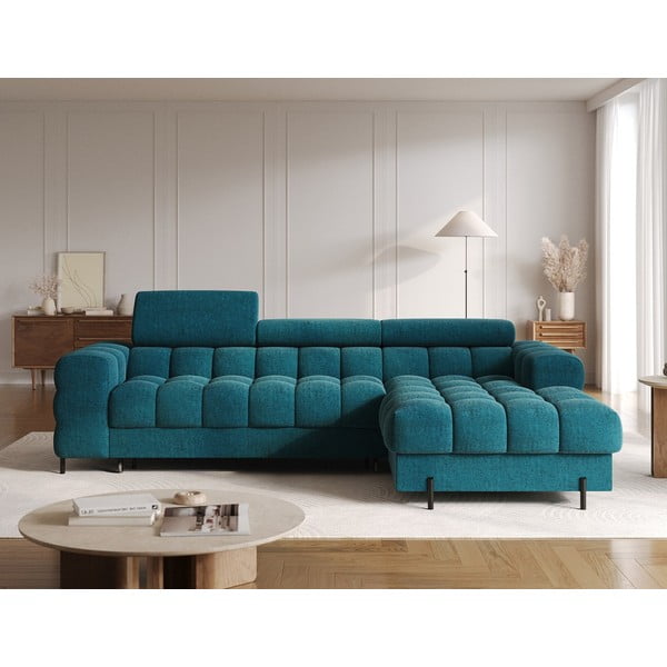 Niebieski rozkładany/ze schowkiem narożnik z materiału bouclé (prawostronny/z szezlongiem) Felro – ELTAP-image-1