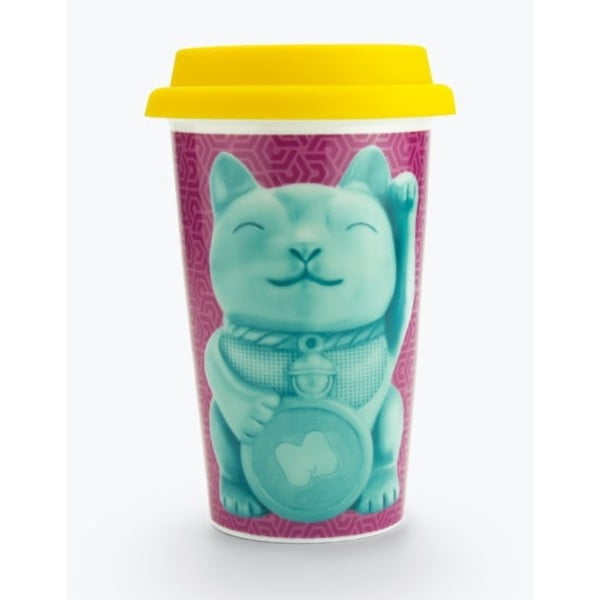 Ceramiczny kubek podróżny Just Mustard Lucky Cat, 400 ml