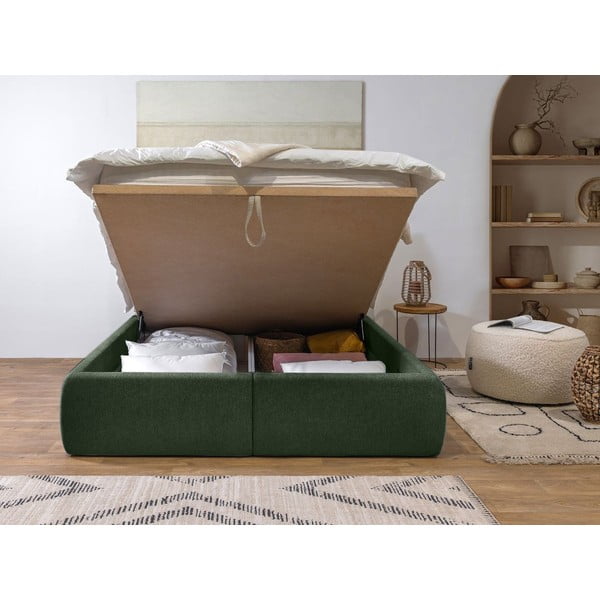 Ciemnozielone tapicerowane łóżko dwuosobowe ze schowkiem i stelażem 160x200 cm Garance – Bobochic Paris-image-3